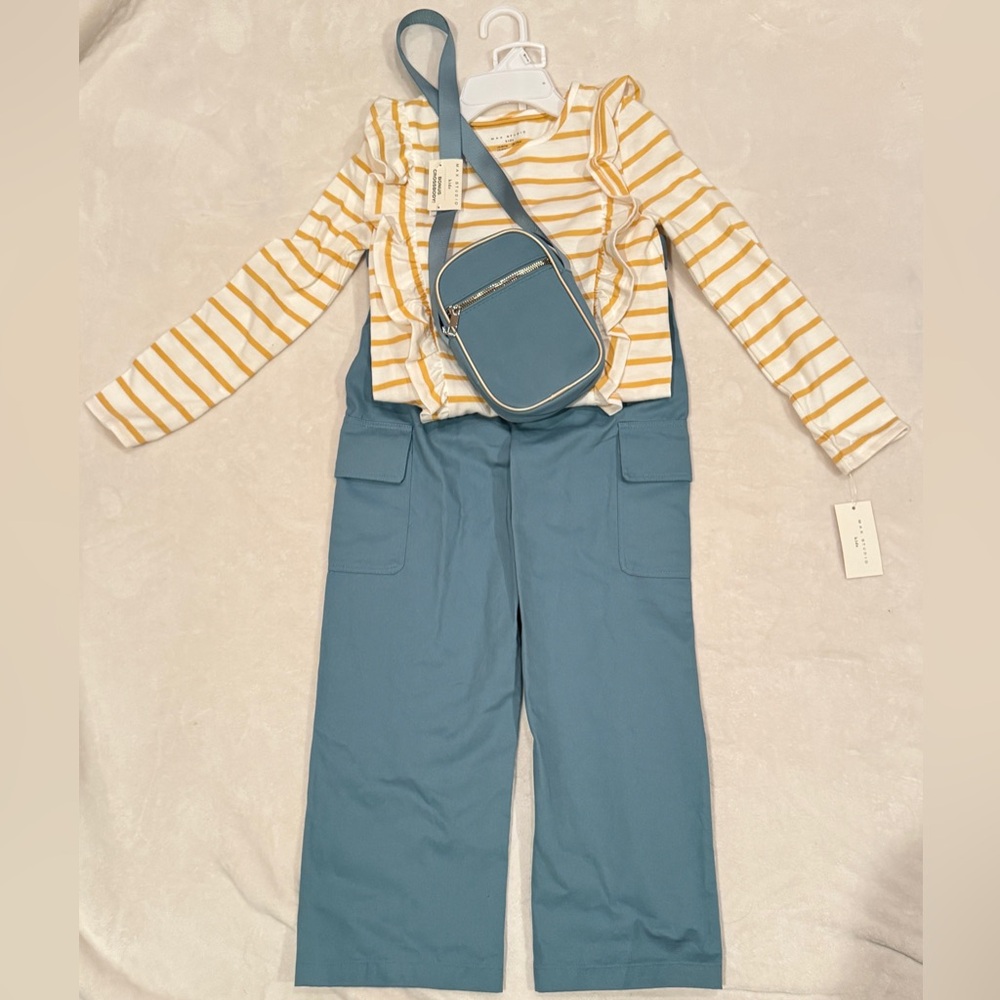 NWT 7/8 Max Studio girls blue linen cargo pant + White/yellow stripes Top + bag